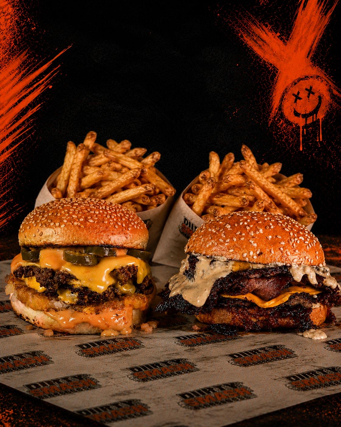 Two Dirty Smash burgers with fries